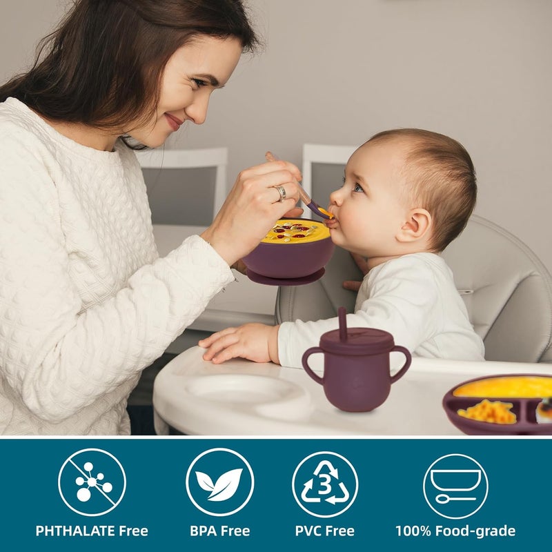 Dormlony 100% Silicone Baby Feeding Set, BPA Free Dishes With Suction Bowl, Divided Plate, Toddler Self Feeding Utensils, Spoons, Forks, Sippy Cup and Bib (Dark Red) - Image 5